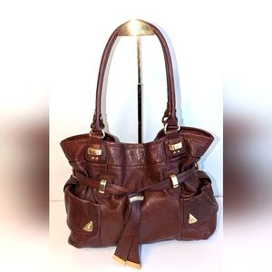 B. Makowsky Brandy Brown Leather Croco Embossed Drawstring Shoulder Bag - $298
